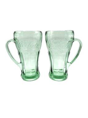 Set of 2 Vintage Libbey Green Glass Coca Cola Glasses with Handles 80s Retro EUC
